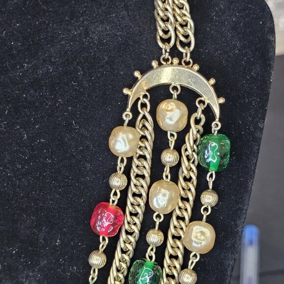 VTG 60s Multi-strand Bib Necklace Goldtone Glass Beads Red Pink Green MCM 17-20" - Picture 7 of 11